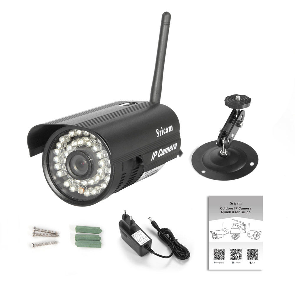 Caméra IP extérieure sans fil Sricam CMOS 1.0MP avec objectif 3.6mm prise ue support de montage de caméra IP noir adaptateur secteur Standard ue