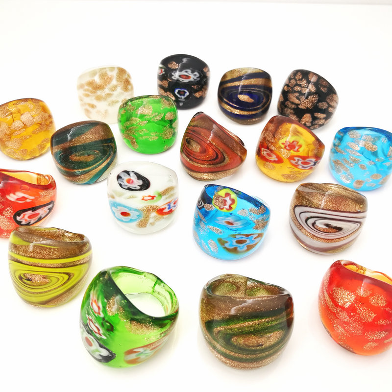 

18 PCS randomly mixed with coloured glaze rings Murano hot gold foil color ring more 17-19 mm