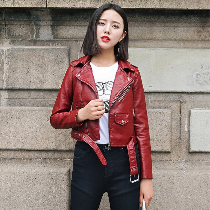 

Pu Leather Jacket Women Fashion Bright Colors Black Motorcycle Coat Short Faux Leather Biker Jacket Soft Female, Photo color