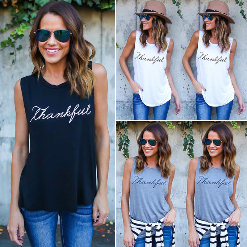 

Women Lady Fashion New Letter Printed Vest Sleeveless T-shirt Summer Casual Cotton Tops T-shirt Tshirt Women Clothing, Gray