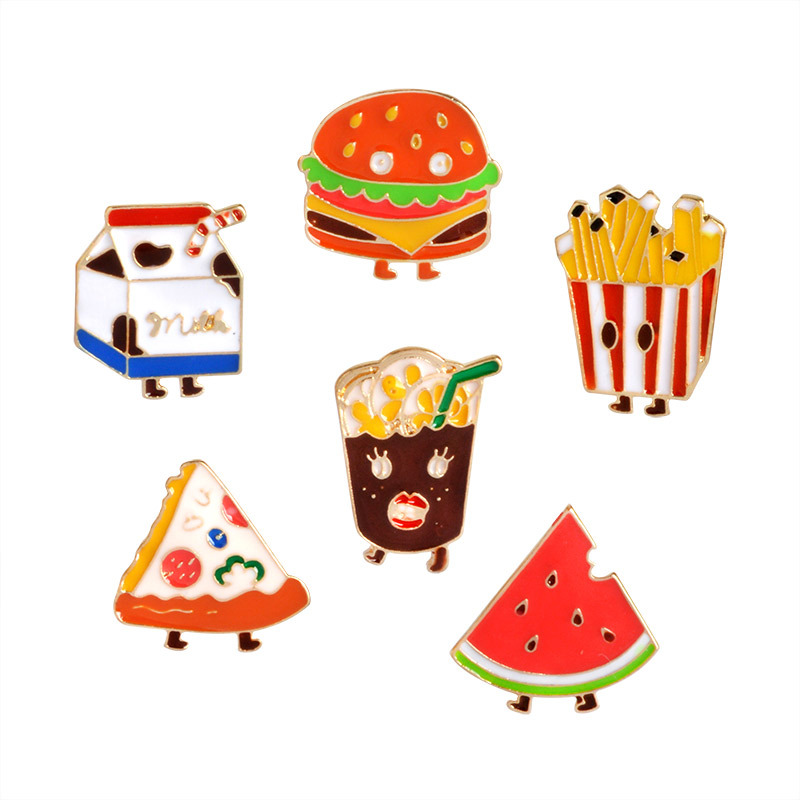 

Cartoon Hamburger Cola Fries Milk Pizza Watermelon Cute Food Brooches Pins Small Size Metal Lapel Pins Wholesale Cheap Backpack Badge New