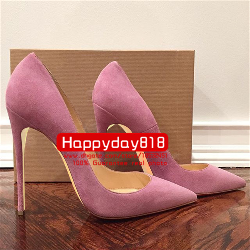 

Free shipping Fashion women Pink suede real leather point toe shoes high heels thin heeled shoes pumps genuine leather 120mm Big size, Pink 8cm