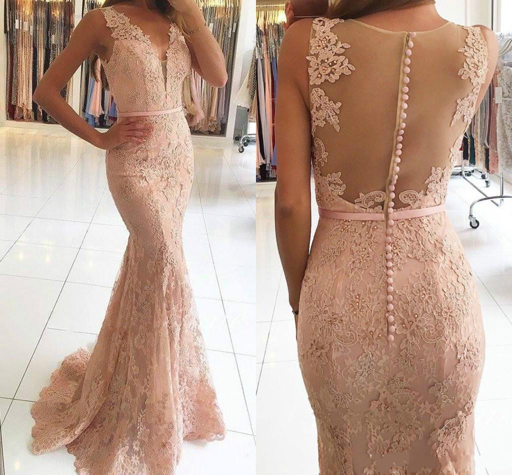

Elegant Long Mermaid Evening Dresses V Neck Lace Applique Evening Gowns Sexy Illusion Sleeveless Trumpet Prom Evening Dress Party Gown, Light yellow