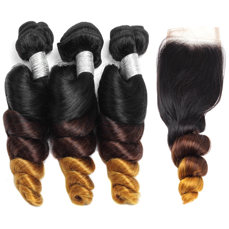 

3 Tone Ombre Bundles with Closure Brazilian Virgin Ombre Loose Wave Human Hair Extensions with 4*4 Free Part Closure, Ombre color