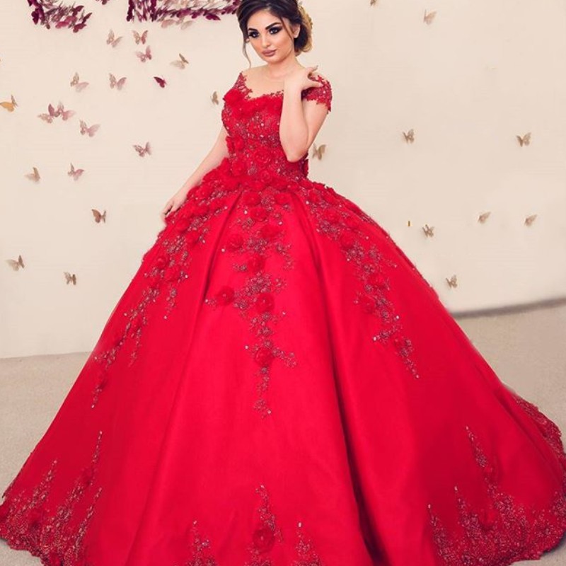 

Red Ball Gown Prom Dresses Sheer Jewel Neck Beads Lace Applique Short Sleeve Sation Evening Dresses Glamorous Saudi Prom Dress Party Gowns, Fuchsia