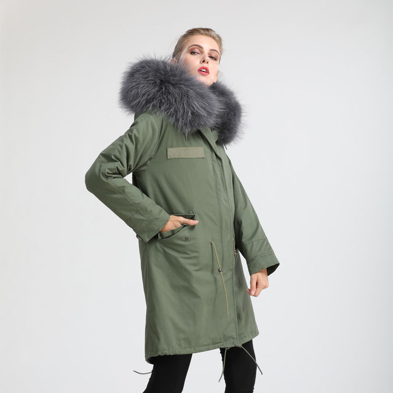 

2020 fashion GRAY raccoon fur trim women warm coats grey rabbit fur lining army green canvas long parkas, Gray fur