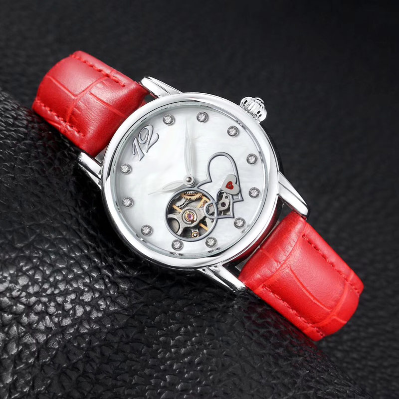 

Dress women watches fashion Flywheel love heart Rhinestone dial mechanical automatic female wrist watch for ladies best Valentine Gift, Slivery;brown
