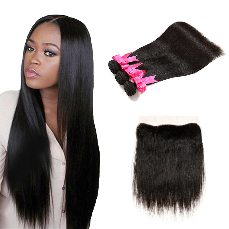 

Brazilian Virgin Hair 13x4 Lace Front Closure with 3 Bundles Brazilian Lace Frontal Bleached Knots Straight with 3 Wefts Hair Vendors, Natural color