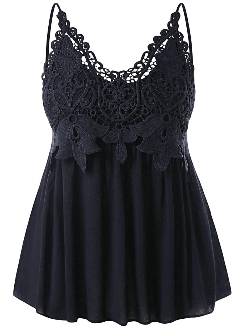 

2018 New Fashion Plus Size Cutwork Embroidered Lace Trim Adjustable Strap Tank Top High Waist Crinkle Smocked Tank Top, Black
