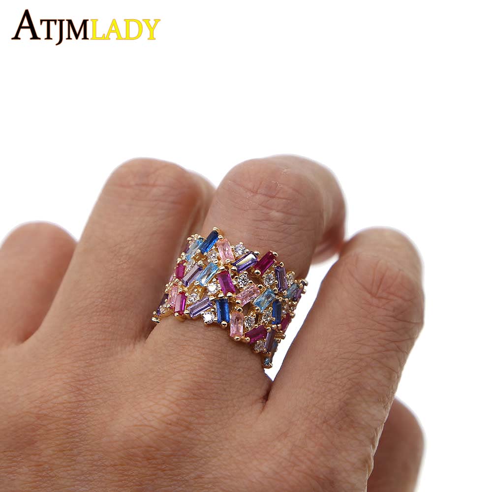 

multicolor stone rainbow ring baguette cz eternity band zirconia elegance fashion gold color statement jewelry for women