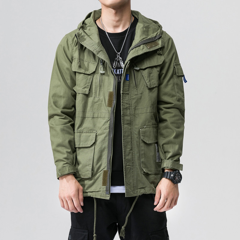 

Fashion Cargo Jackets Men's Vintage Hooded Jackets Coats Streetwear Army Green Bomber Multi Pockets Windbreaker Ds50273, Black