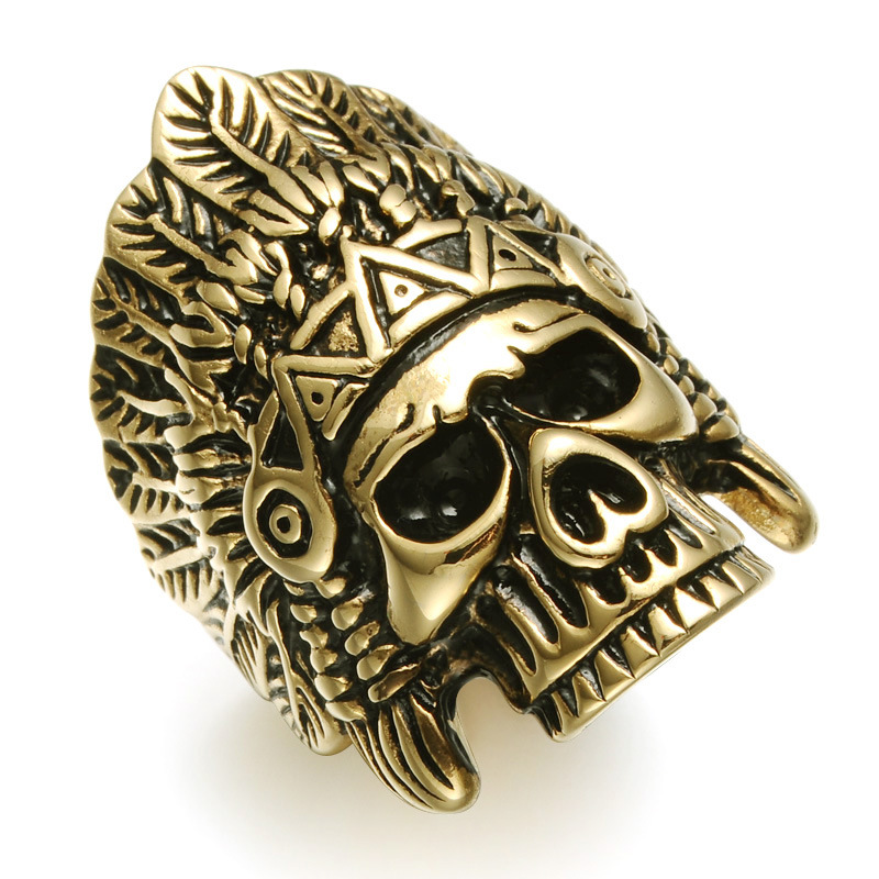 

Feather Crown Indians Chief Skeleton Skull Mens Ring Punk Gothic Gold Silver Titanium Stainless Steel Rings For Men Jewelry