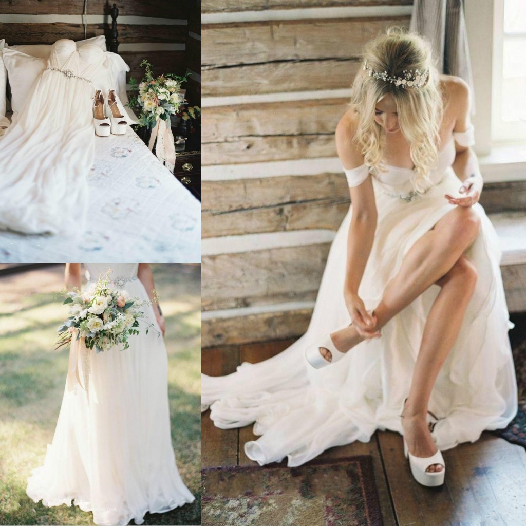 

2018 A Line Wedding Dresses Bohemian Beach Off Shoulder Waist Beads Crystal Country Ruched Draped Floor Length Long Plus Size Bridal Gowns, White