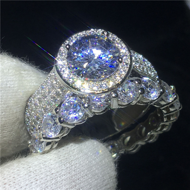 

Handmade Lovers ring set 925 Sterling silver Round cut 2ct 5A Cz Stone Engagement wedding band ring for women Bridal Jewelry
