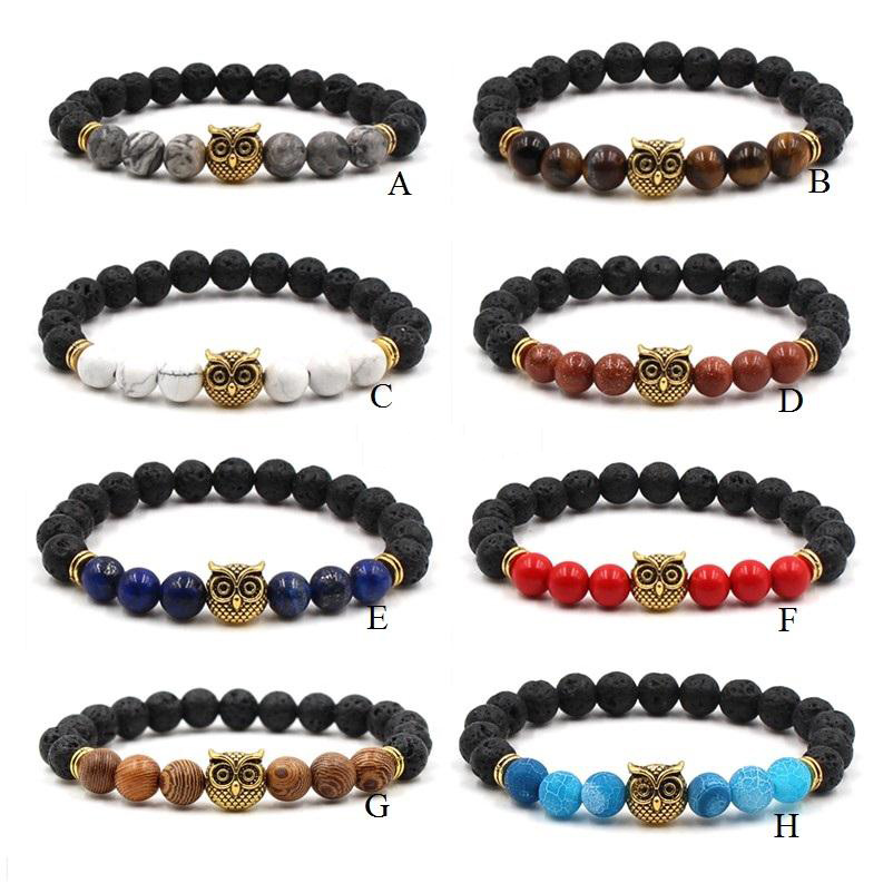 

Vintage Gold Owl Charms 8MM Black Lava Stone Beads Bracelets DIY Aromatherapy Essential Oil Diffuser Bracelet Buddha Stretch Yoga Jewelry