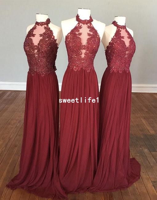 

Real Image 2019 Red Lace Bridesmaid Dresses Halter Neck Chiffon Floor Length Backless Maid Of Honor Wedding Guest Gown Party Gown Custom Mad