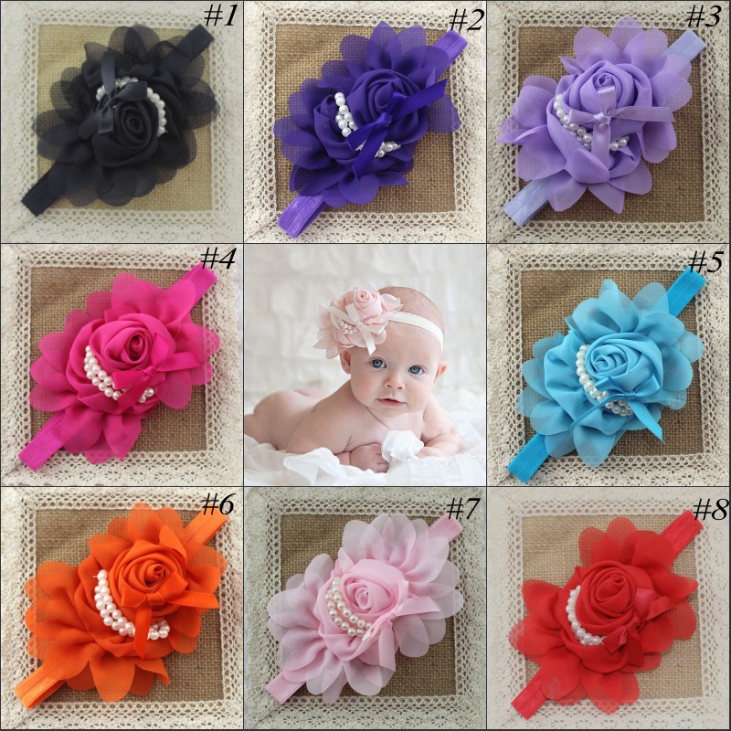 

Newborn Pearl Rose Headband Flower Hair Band Kids Chiffon Elastic Hair Accessories Kids Ring Flower Headwear, Multi-color