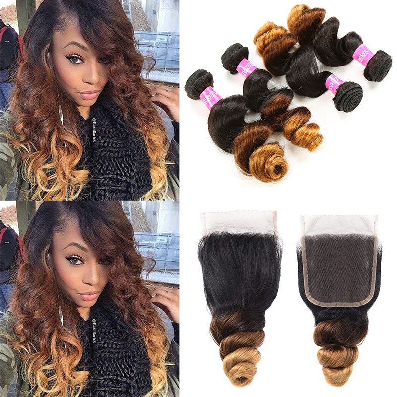 

Ombre Colored 3 Tone Weave 1B/4/30# Loose Wave Hair Extensions Weave Bundles with Lace Closure Unprocessed Virgin Human Hair Vendors, Ombre color