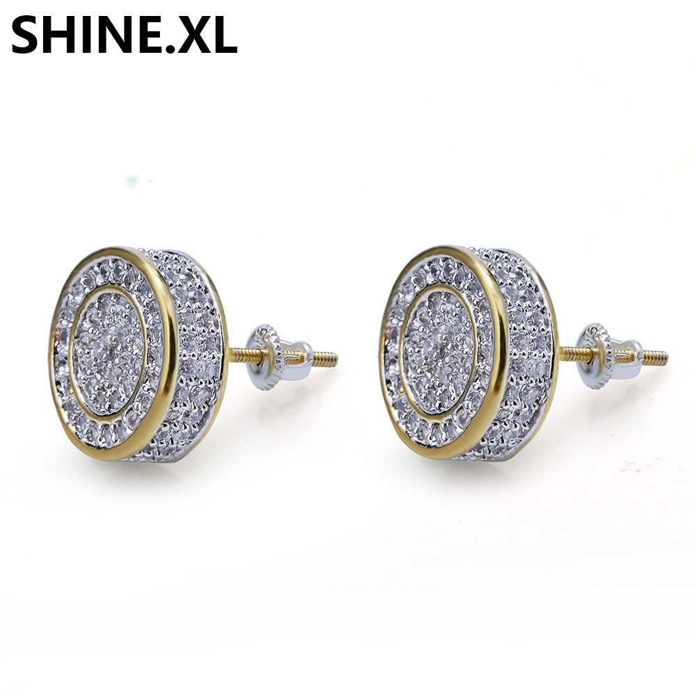 

925 Sterling Silver Iced out CZ Premium Diamond Cluster Zirconia Round Screw Back Stud Earrings for Men Hip Hop Jewelry, Golden;silver