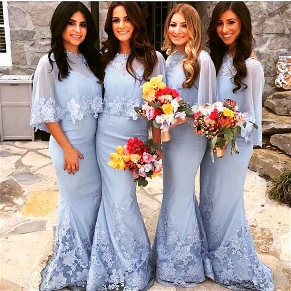 

Unique Designer Country Bridesmaid Dresses With Shawl Lace Applique Long Cheap Wedding Guest Dress Vestidos de madrinha de casamento