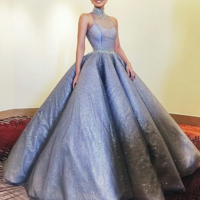 

Glamorous High Beck Prom Dresses Sequins Beads Sleeveless Ball Gown Celebrity Party Dress Sparkling Formal Dress Evening Gowns Custom Made, Gold