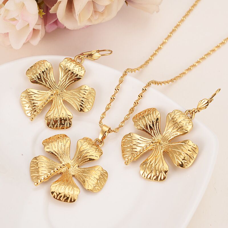 

9k Yellow Real Solid Gold Filled New Bride's big Flower Long core Pendant earrings Statement Necklace Jewelry Sets party Romantic fine gift, Golden