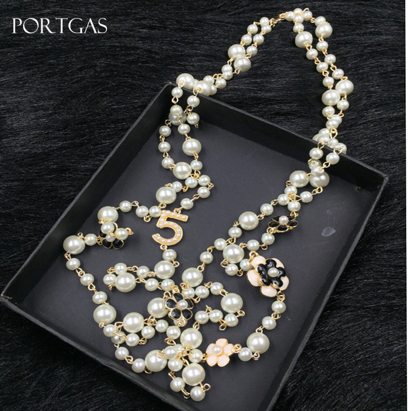 

Simulated-pearls Beads Chain Necklace Hollow Camellia flowers Long Necklace Jewelry Gift cc channel Necklace