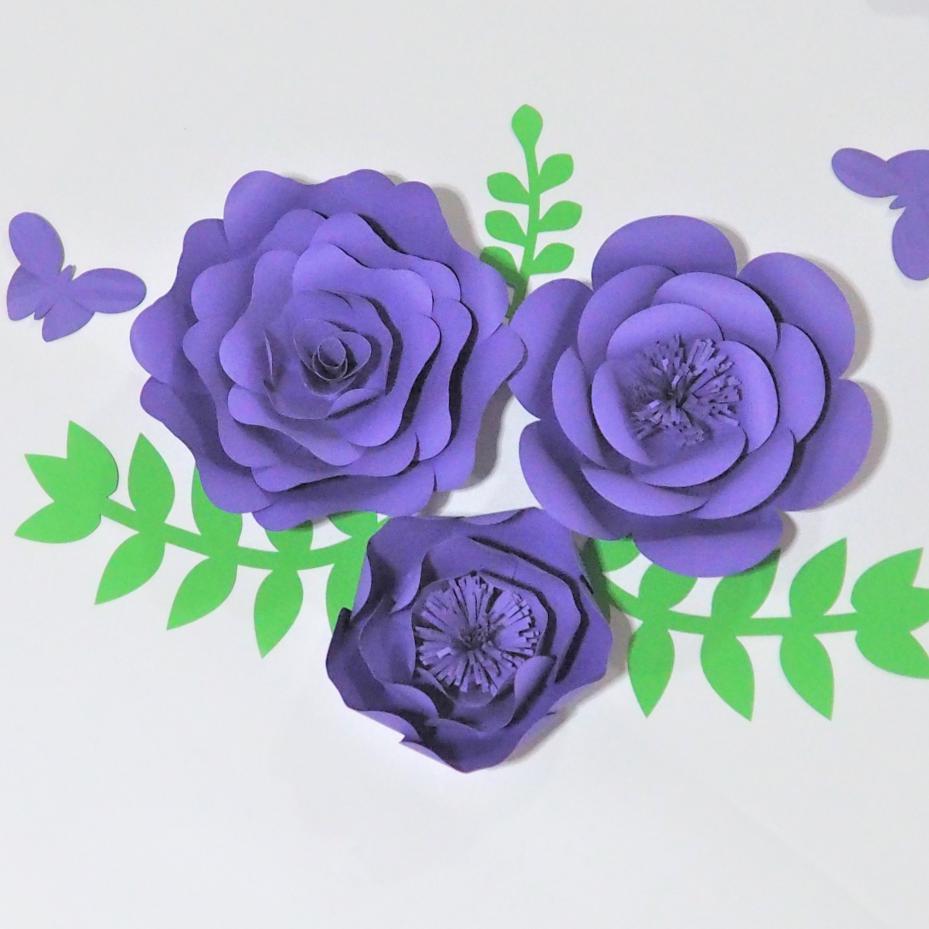 

Set of 3 Giant Paper Flowers+3 leaves + 2 butterfly For Showcase Wedding Backdrops Props flores artificiais para decora Fake Flowers, Purple