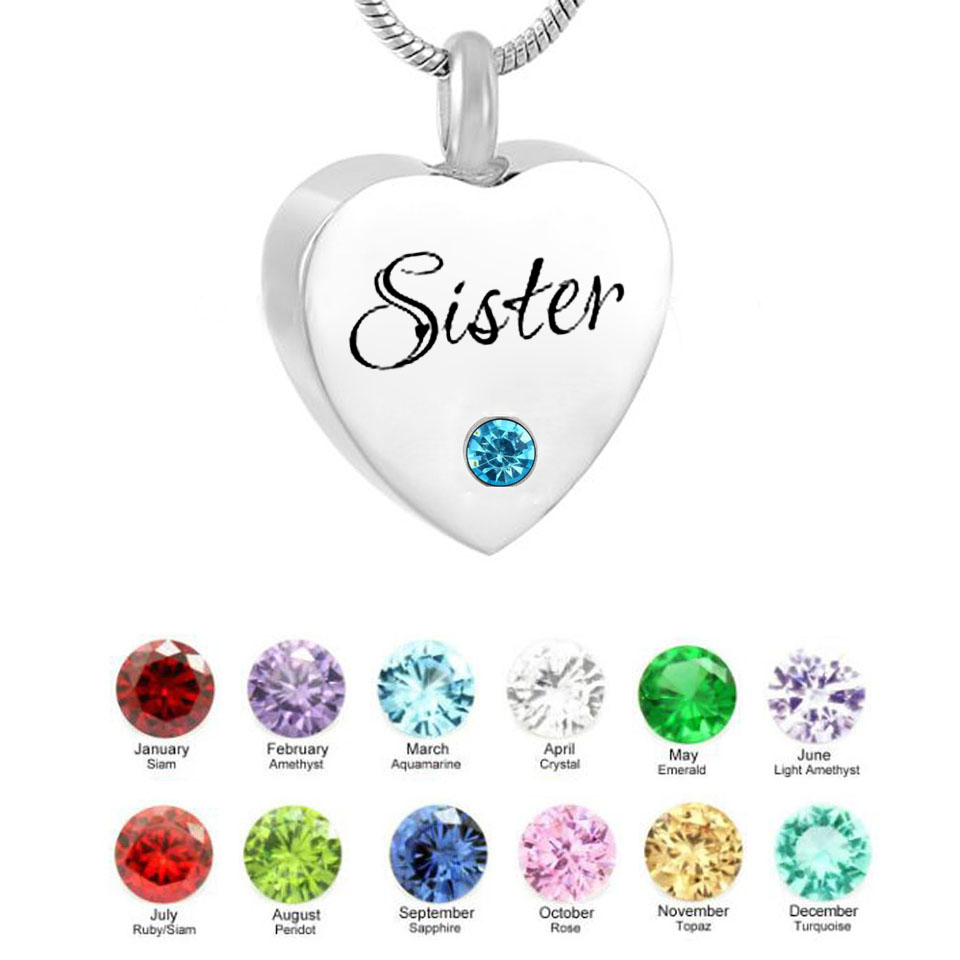 

Cremation Urn Jewelry heart Sister Birthstone Memorial Ash Keepsake Necklace