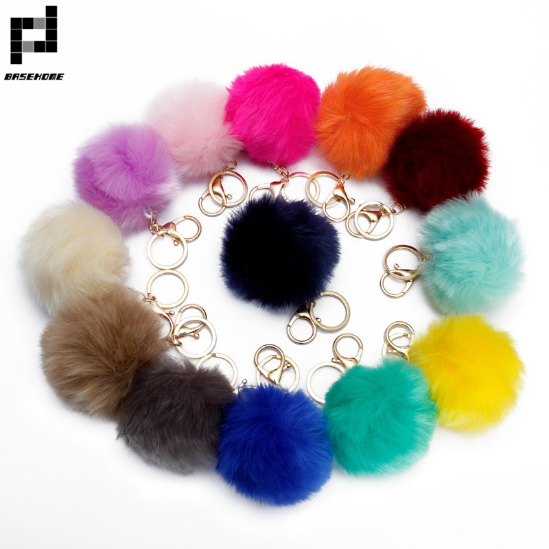 

BASEHOME Trinket Pompons Keychains Faux Fur Keychain Fluffy Key Chains Trinkets Pom Pom Keychain(Gold Color Chain)