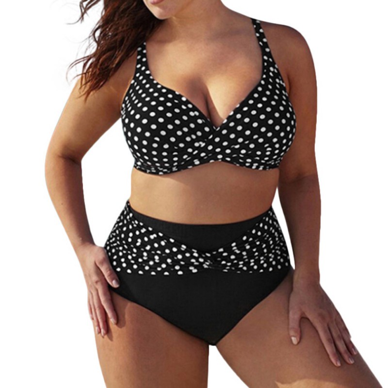 

Women Plus Size Bikini Tops & Bottom Set Dot Printed Swimwear High Waist Clothing Set Swimwear Sexy Bathing Suit Women S-3XL Y7, Black