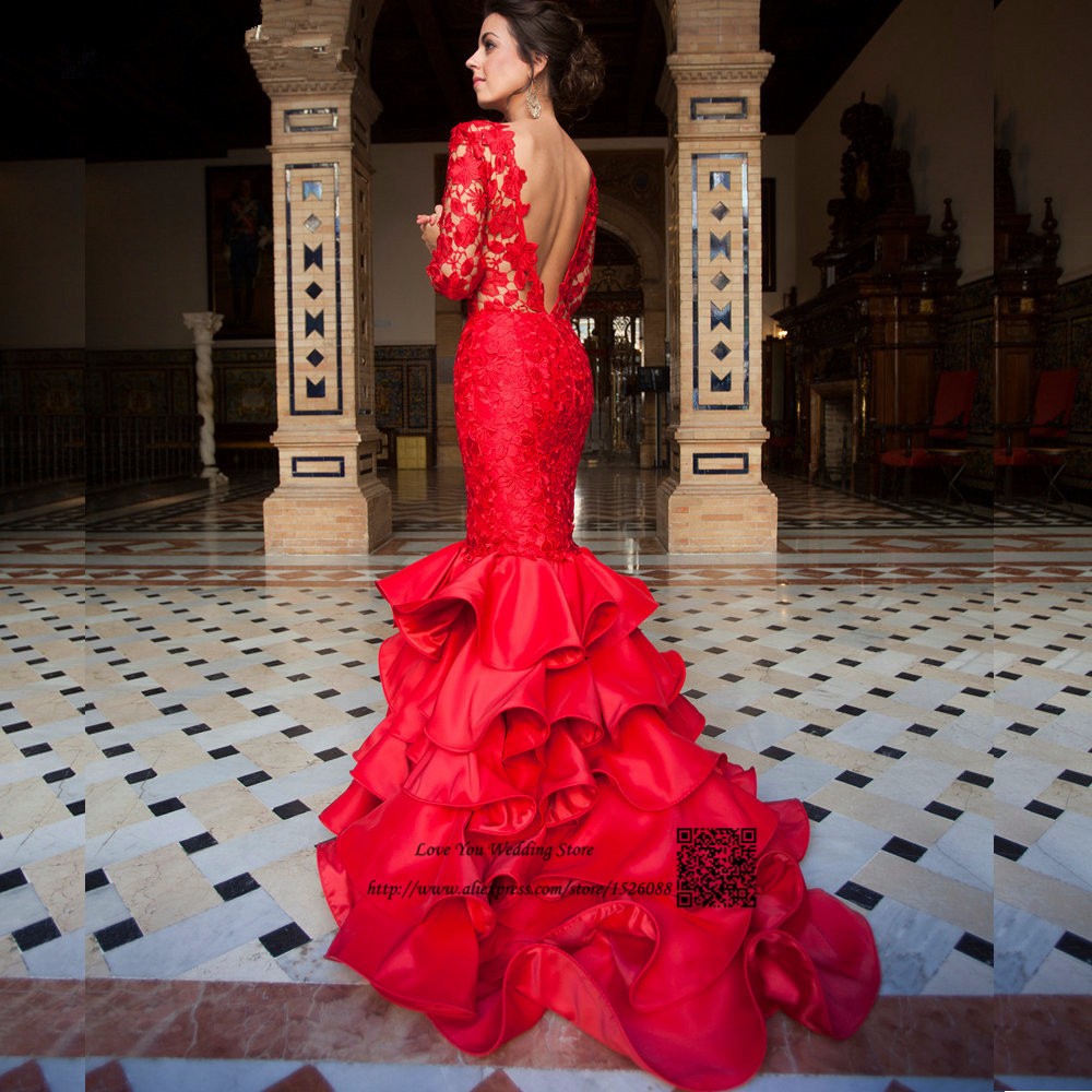 Indian Church Long Sleeve Red Wedding Dress 2016 Lace Mermaid