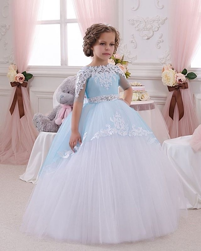 

Blue and White Tulle Flower Girls Dresses Ball Gown Puffy Skirt Lace Appliques Beaded Waist Elegant Wedding Party Dresses Short Sleeve, Royal blue