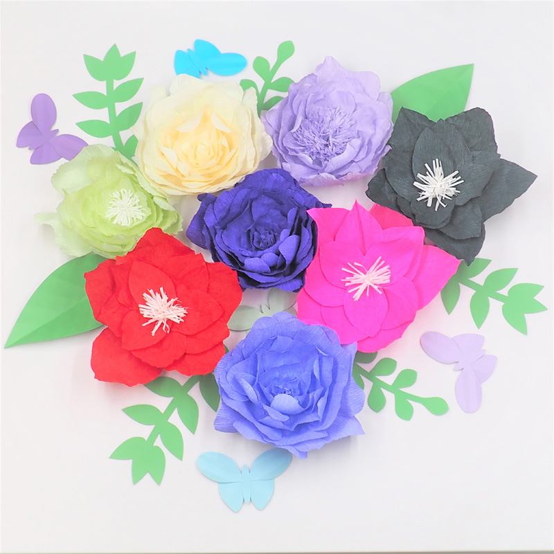 

Giant Crepe Paper Flowers Backdrop 8pcs Leaves 7pcs Butterflies 5pcs For Wedding & Event Retail Store Wall Backdrop Decor