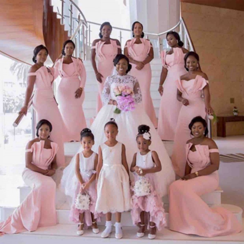 African Pink Mermaid Bridesmaid Dresses Long Satin Off Shoulder Plus Size Formal Dresses Evening Wear Cheap Maid Of Honor Gowns vestidos