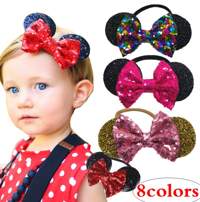 

baby gold sequin bow headband toddler nylon headbands glitter hair bows girl cartoon ears birthday party supplies accessories, 8colors choose