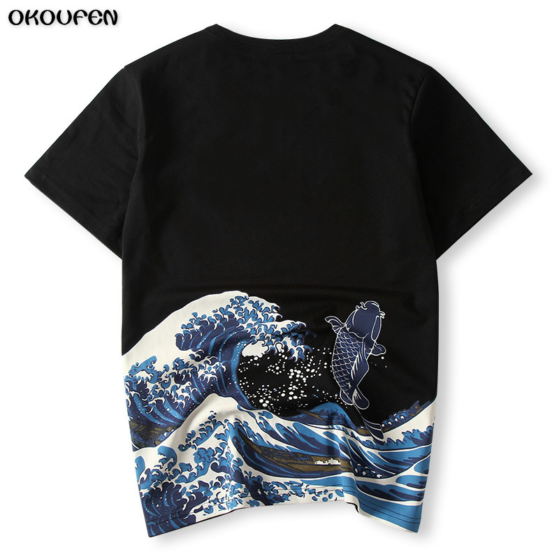 

Japanese Ukiyoe Style Men T Shirt Print Carp Fish High Quality Summer T-shirt Tops Tees Fashion Size 4XL Free TXS38 Men's T-Shirts