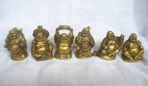 

Chinese Brass YuanBao Wealth Money Bag 6 Happy Laughing Maitreya Buddha Statue