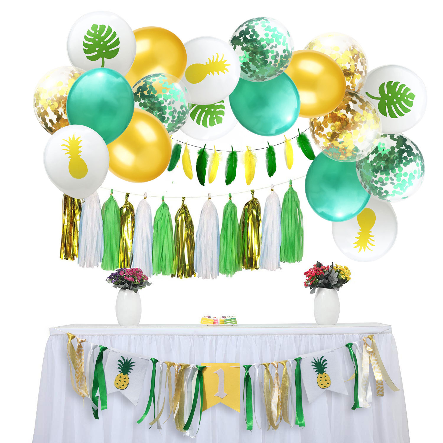 Hawaiian Party Decorations Non Woven Pineapple Turtle Banner Balloon Set For 1st Birthday Party Decorated With Sequin Balloons Annual Balloon Festival