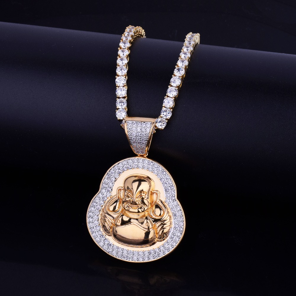 

New Men's Hip Hop Jewelry Pendant Necklace Iced Out Smile Buddha Gold Silver Color Cubic Zircon Free 4mm tennis Chain