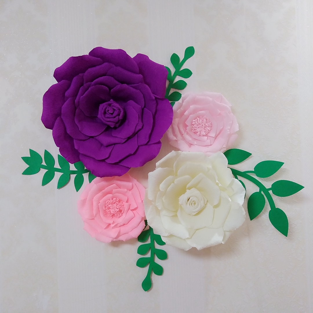 

4 Piece Assorted Crepe Paper Flower Set Matched Leaves Gallery Wall Decor Nursery Girl's Room Floral Nursery Decorations Home Decor