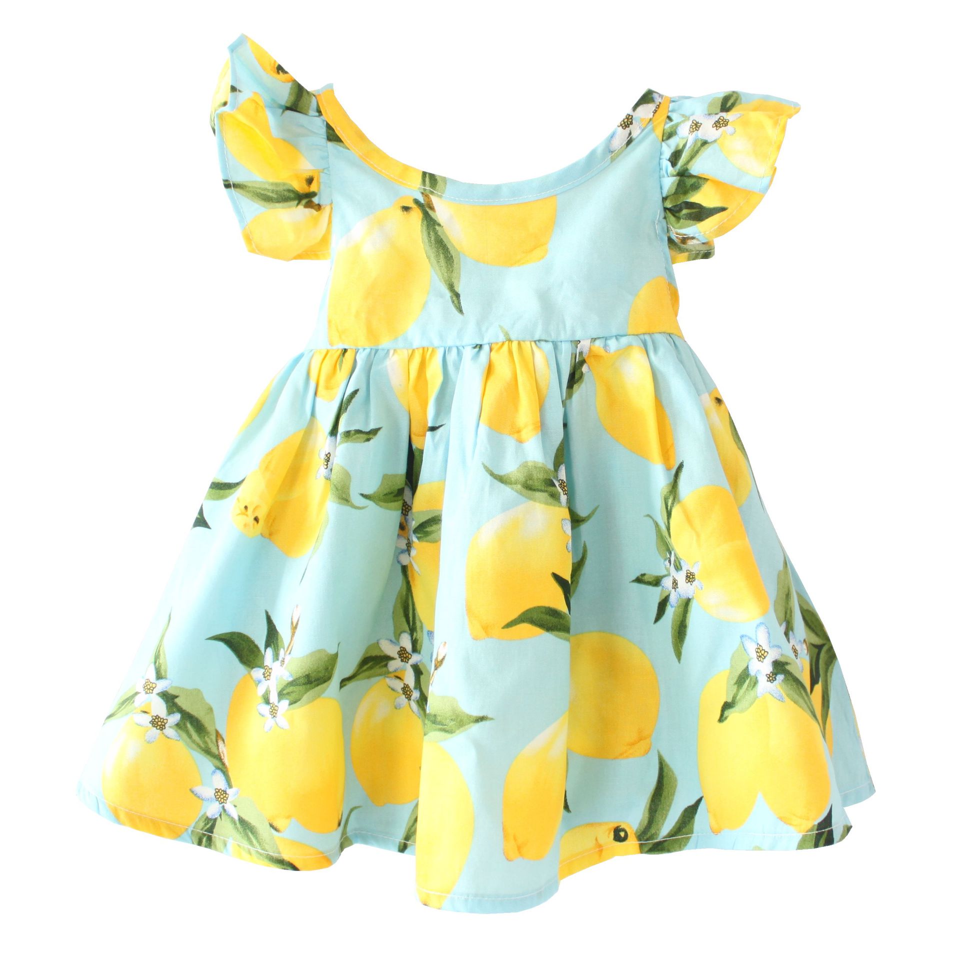 

New Style Summer Girls Dresses Fashion Kids Butterfly Sleeves Lemon Printed Dresses Kids Casual Beach Clothes, White