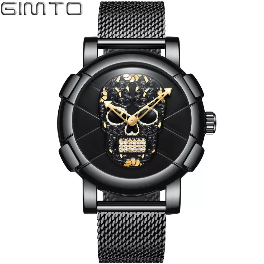 3D Pattern Skull Men Casual Watch Gold Luxury Stylish Punk GIMTO Brand Stainless Steel Black Fashion Male Wristwatch Waterproof