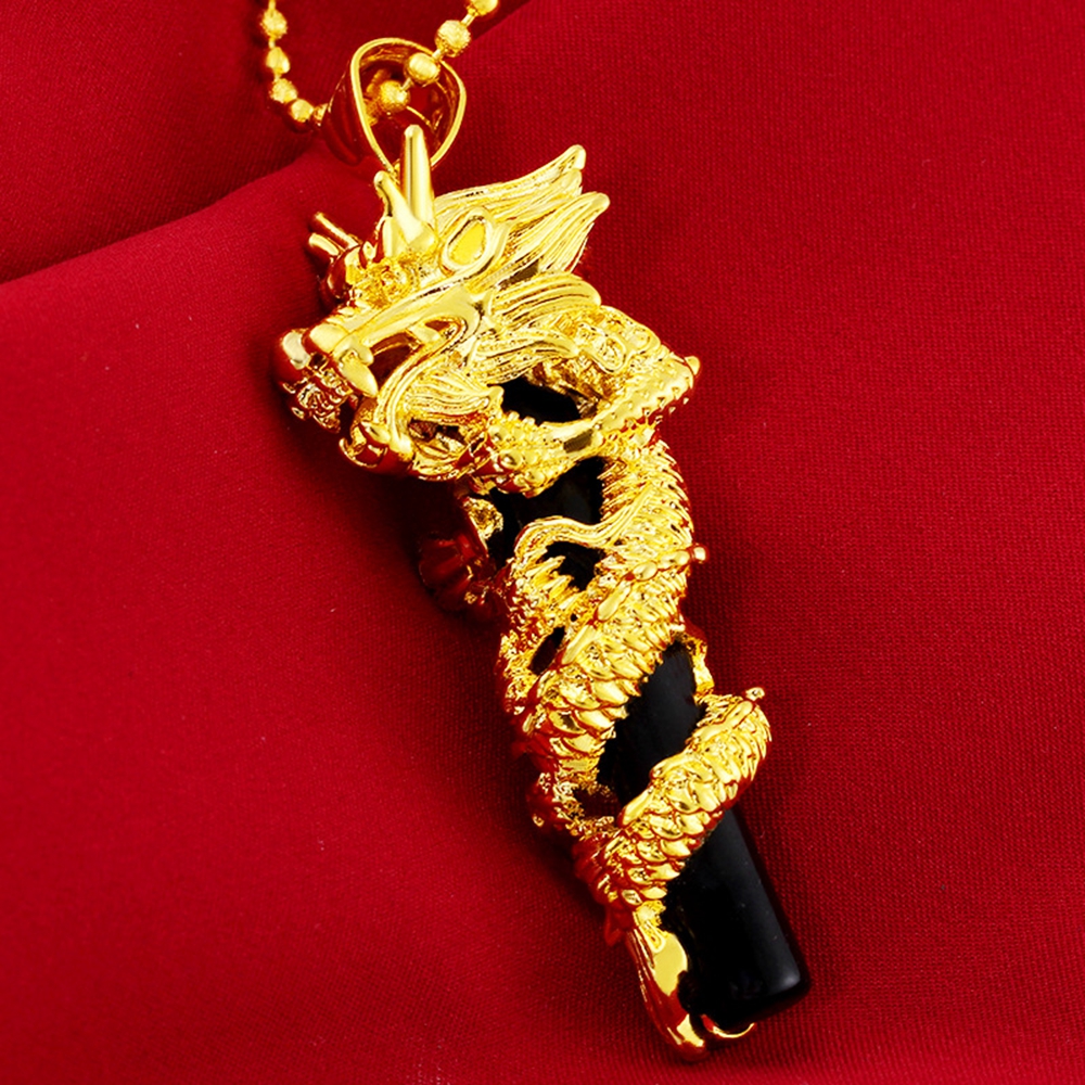 Dragon Pendant Chain Black Column Newest Luxury 18K Yellow Gold Filled Mens Necklace Man Punk Rock Jewelry Accessories-image-709653675