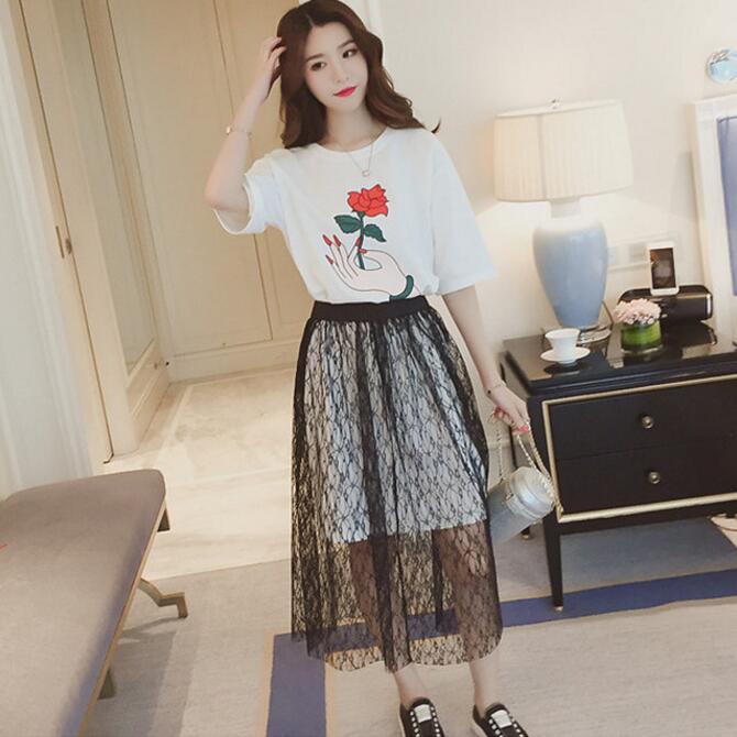 

Floral Print T-shirt Mesh Solid Skirt O Neck Short Sleeve T Shirt Women Set Clothing Spring Summer Sweet Suits 2 Pieces, White
