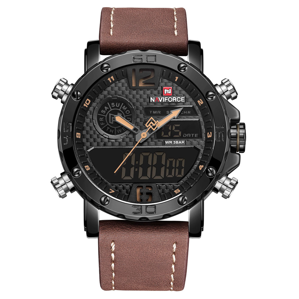 

NAVIFORCE Original Good quality Men's Analog Quartz Waterproof Sport Leather Band LED multi-function Wrist watch 9134, All black white