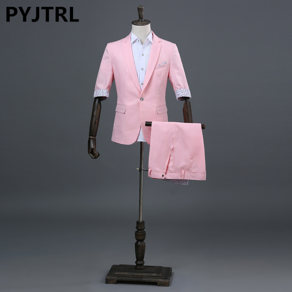 

PYJTRL Men' Fashion Summer Half Sleeve Pink Sky Blue Green Wedding Suits With Shorts Stage Singer Youth Men Tide Costume Homme, Jacket and shorts