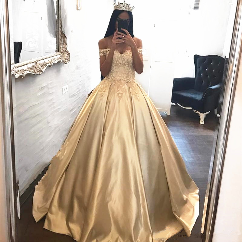 

Princess Champagne Quinceanera Dress Masquerade Ball Gown Off Shoulder Appliques Satin Girls Debutante Dress Custom Made, Orange