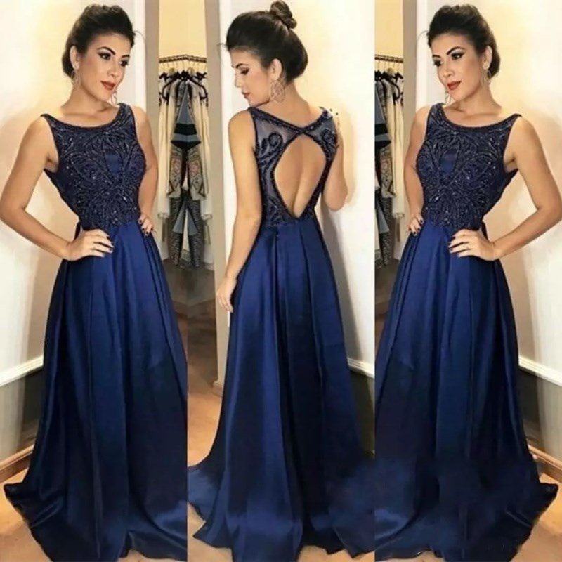 

2018 Navy Blue A-line Chiffon Long Evening Dresses Beaded Backless Evening Gowns Prom Dresses Vestido De Noche Special Occasion Dresses, Brown