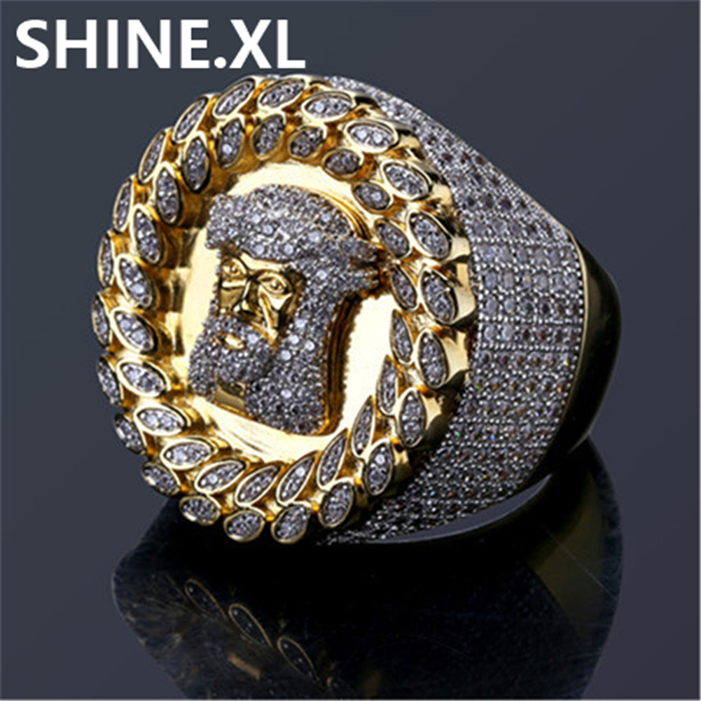 

New Design Men Ring Micro Paved Zircon Gold Color Plated Jesus Head Finger Rings for Men Women Size 8-12